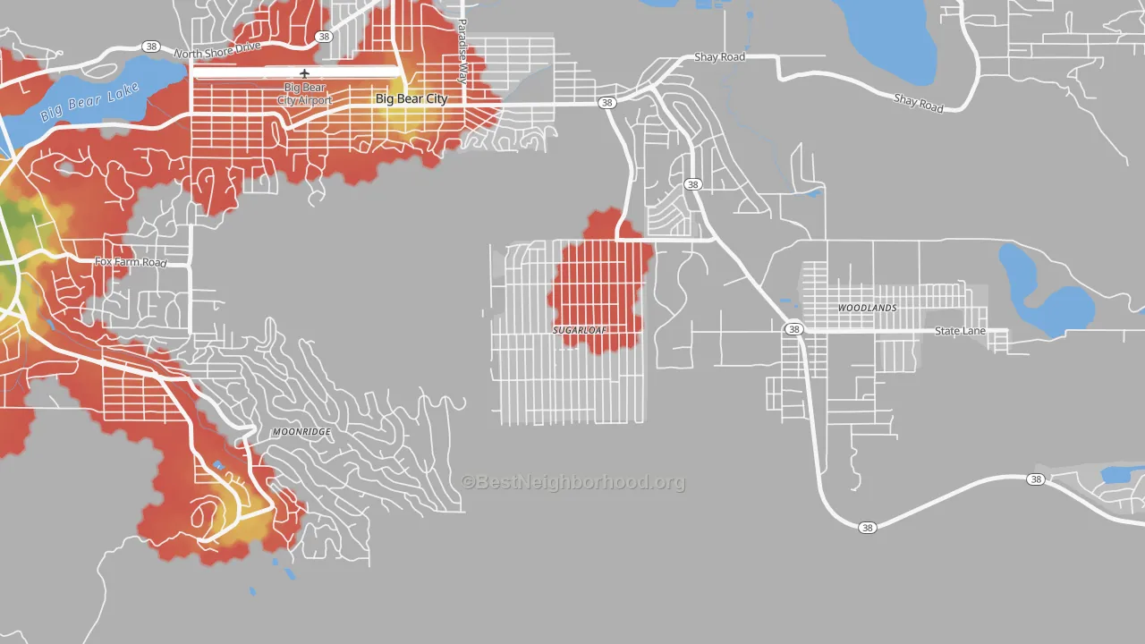 Walk Grade map of 92386, CA, walkable areas in green and car-dependent areas in red