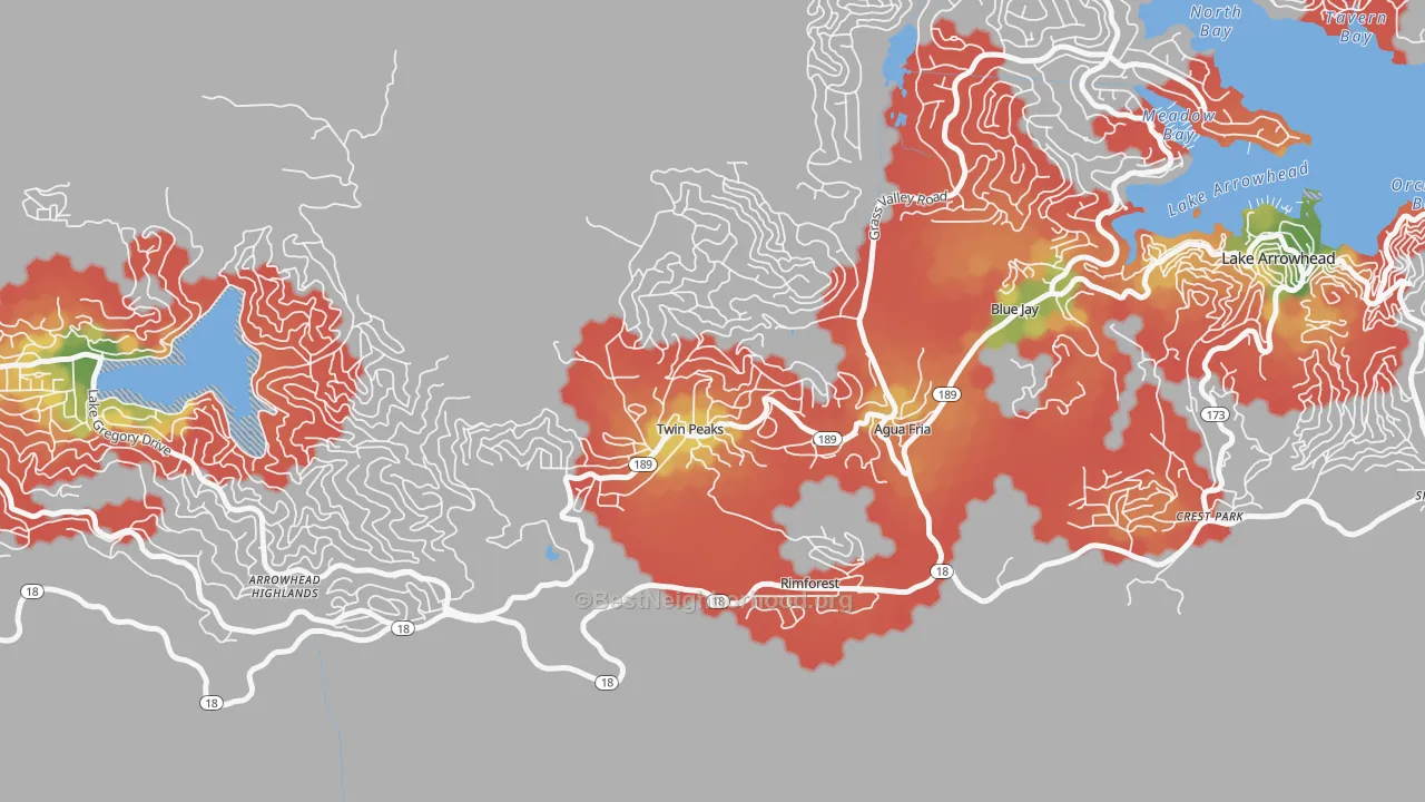 Walk Grade map of 92391, CA, walkable areas in green and car-dependent areas in red
