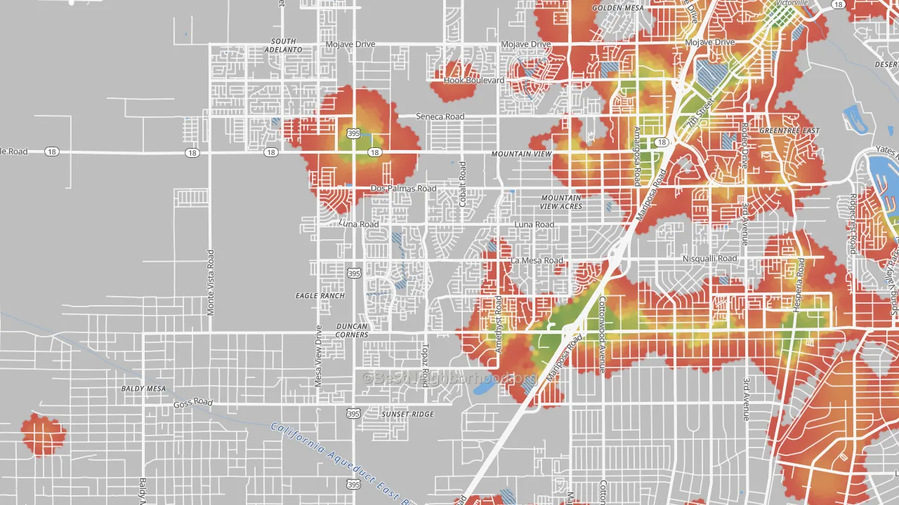 Walk Grade map of 92392, CA, walkable areas in green and car-dependent areas in red