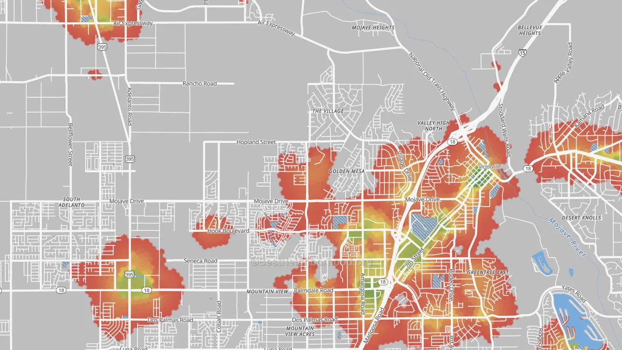 Walk Grade map of 92394, CA, walkable areas in green and car-dependent areas in red