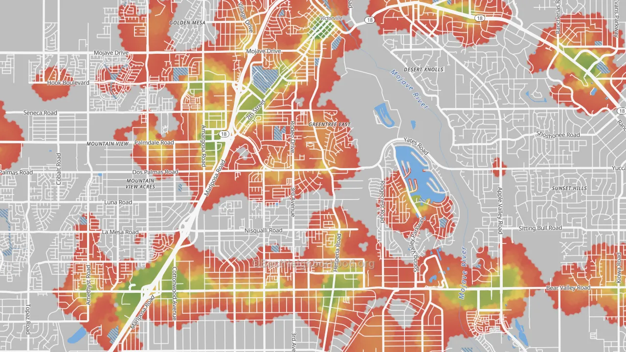 Walk Grade map of 92395, CA, walkable areas in green and car-dependent areas in red