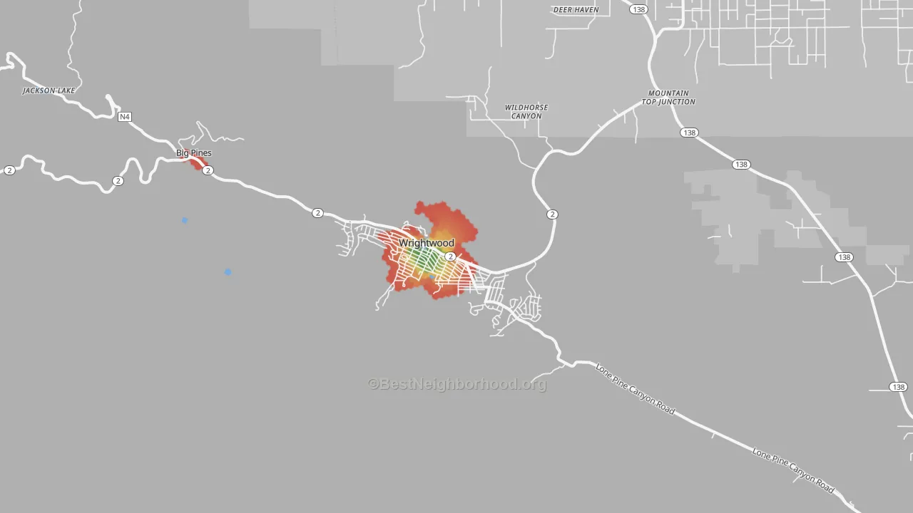 Walk Grade map of 92397, CA, walkable areas in green and car-dependent areas in red