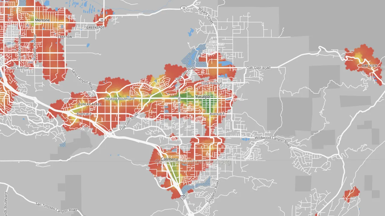 Walk Grade map of 92399, CA, walkable areas in green and car-dependent areas in red