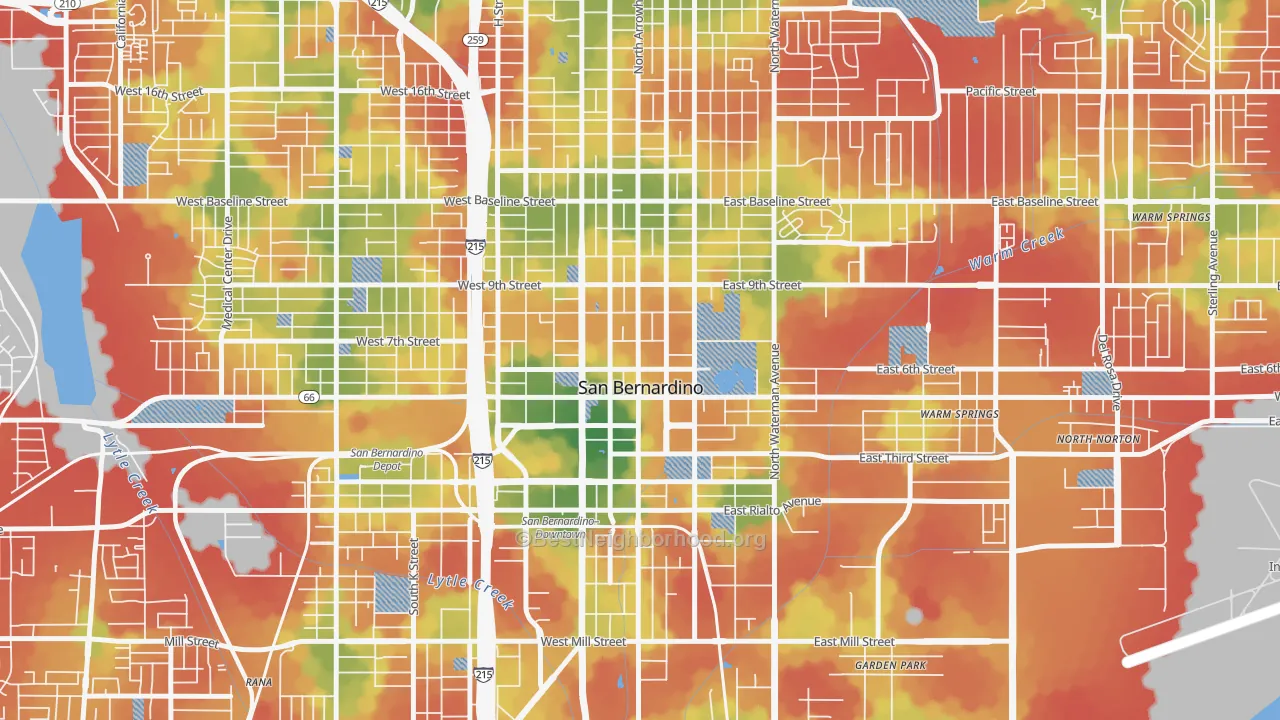 Walk Grade map of 92401, CA, walkable areas in green and car-dependent areas in red