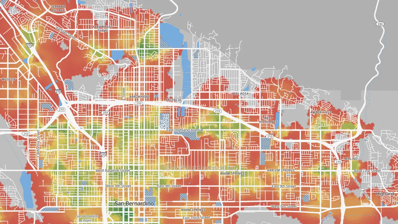 Walk Grade map of 92404, CA, walkable areas in green and car-dependent areas in red