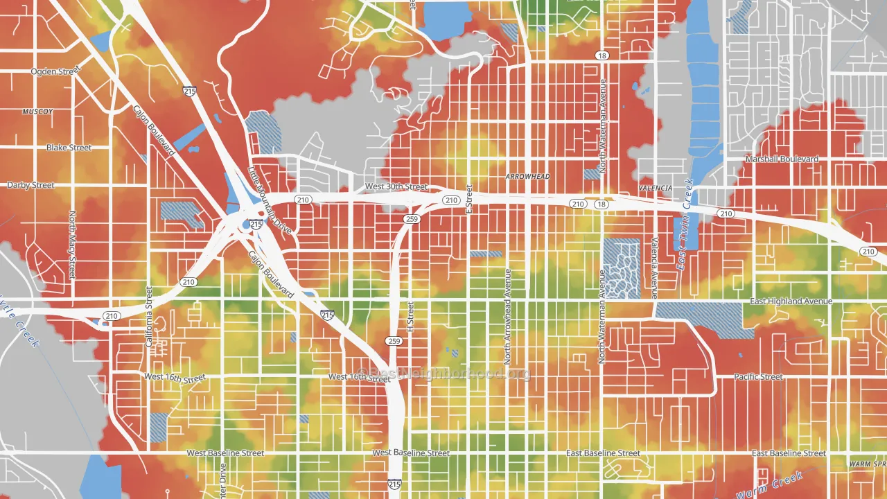 Walk Grade map of 92405, CA, walkable areas in green and car-dependent areas in red