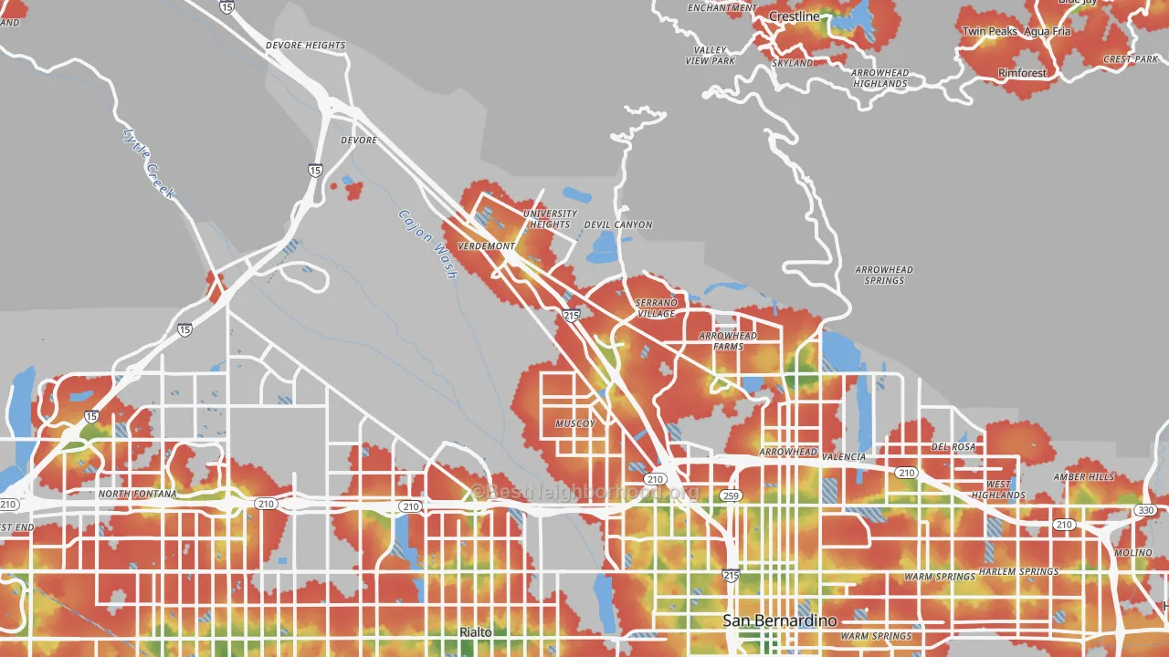 Walk Grade map of 92407, CA, walkable areas in green and car-dependent areas in red