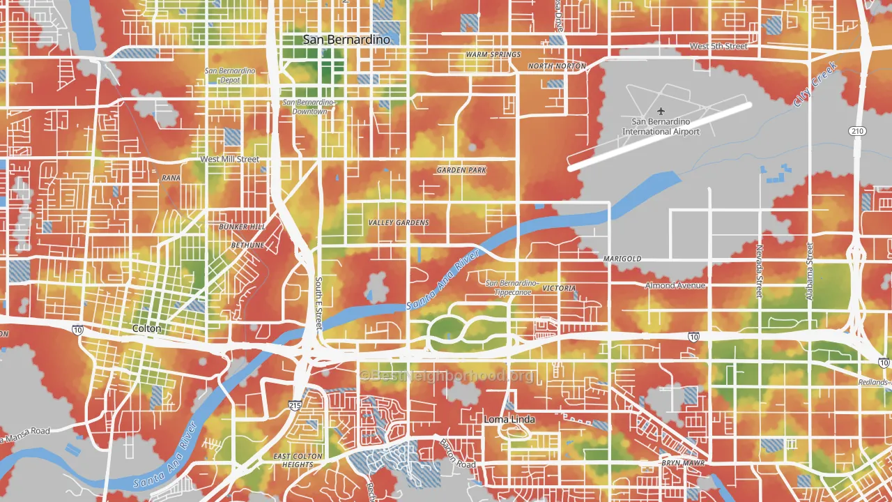 Walk Grade map of 92408, CA, walkable areas in green and car-dependent areas in red
