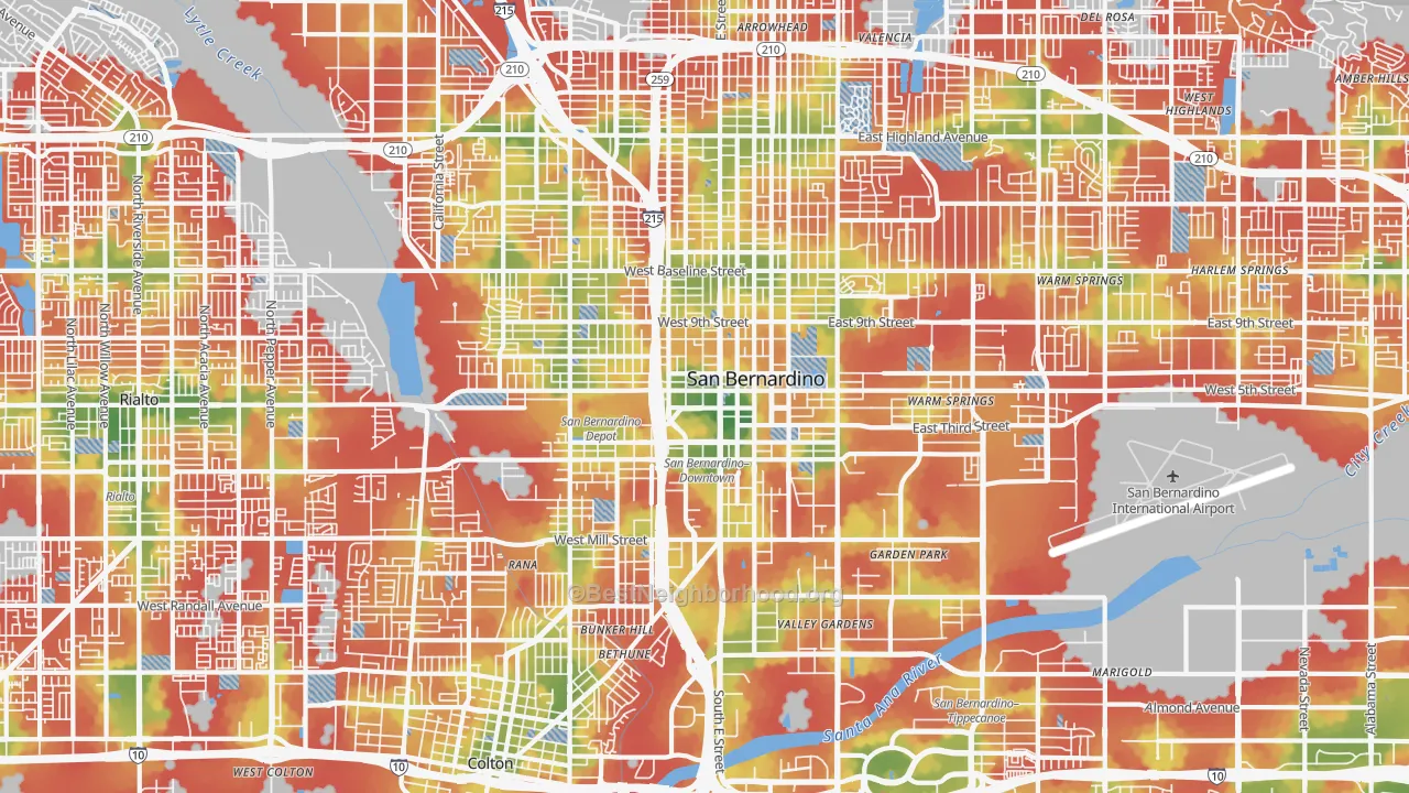 Walk Grade map of 92410, CA, walkable areas in green and car-dependent areas in red