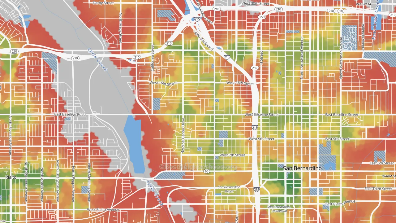 Walk Grade map of 92411, CA, walkable areas in green and car-dependent areas in red