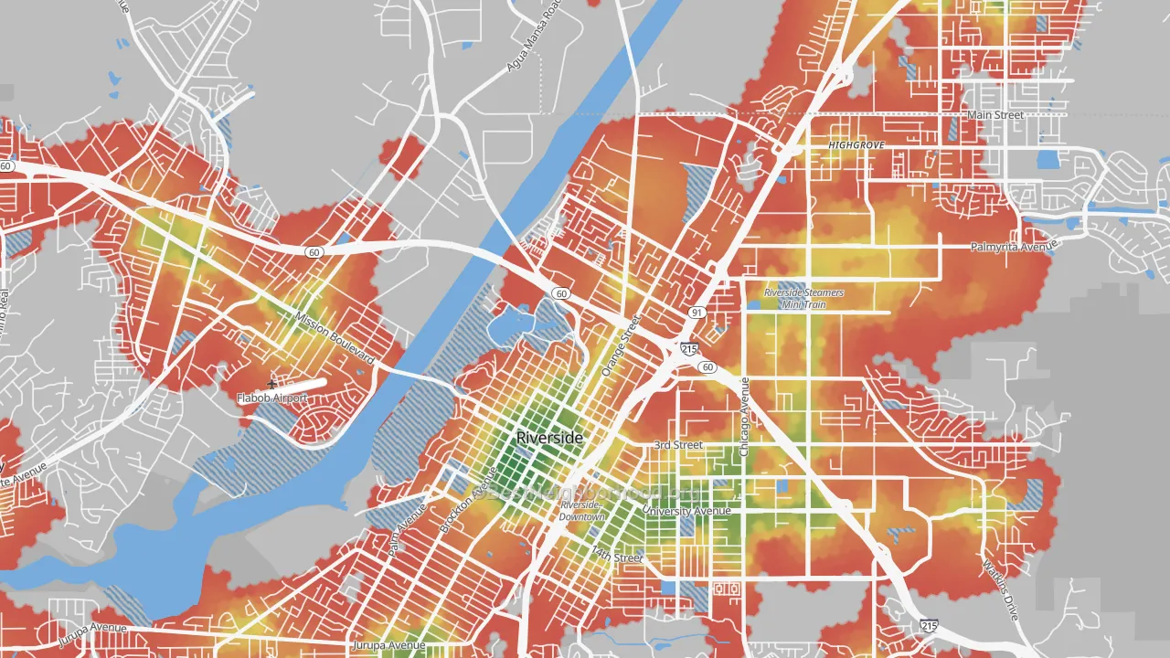 Walk Grade map of 92501, CA, walkable areas in green and car-dependent areas in red
