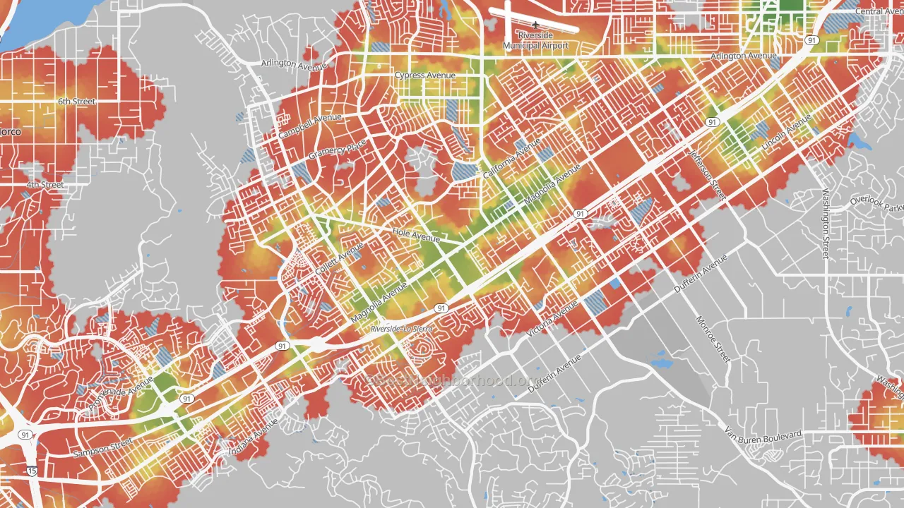 Walk Grade map of 92503, CA, walkable areas in green and car-dependent areas in red