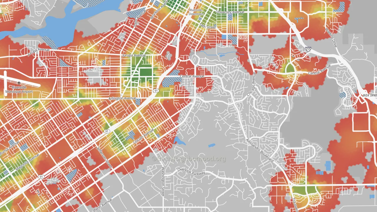 Walk Grade map of 92506, CA, walkable areas in green and car-dependent areas in red