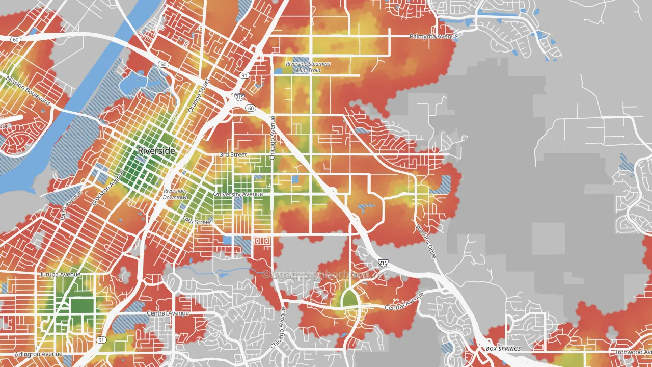 Walk Grade map of 92507, CA, walkable areas in green and car-dependent areas in red