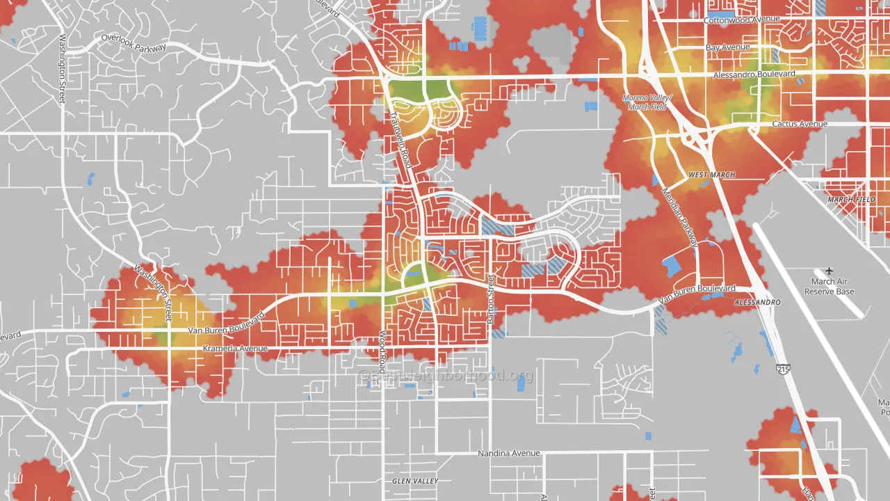 Walk Grade map of 92508, CA, walkable areas in green and car-dependent areas in red