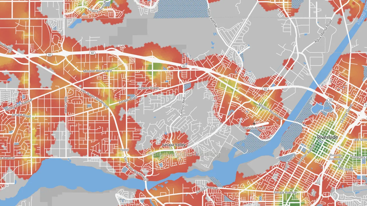 Walk Grade map of 92509, CA, walkable areas in green and car-dependent areas in red
