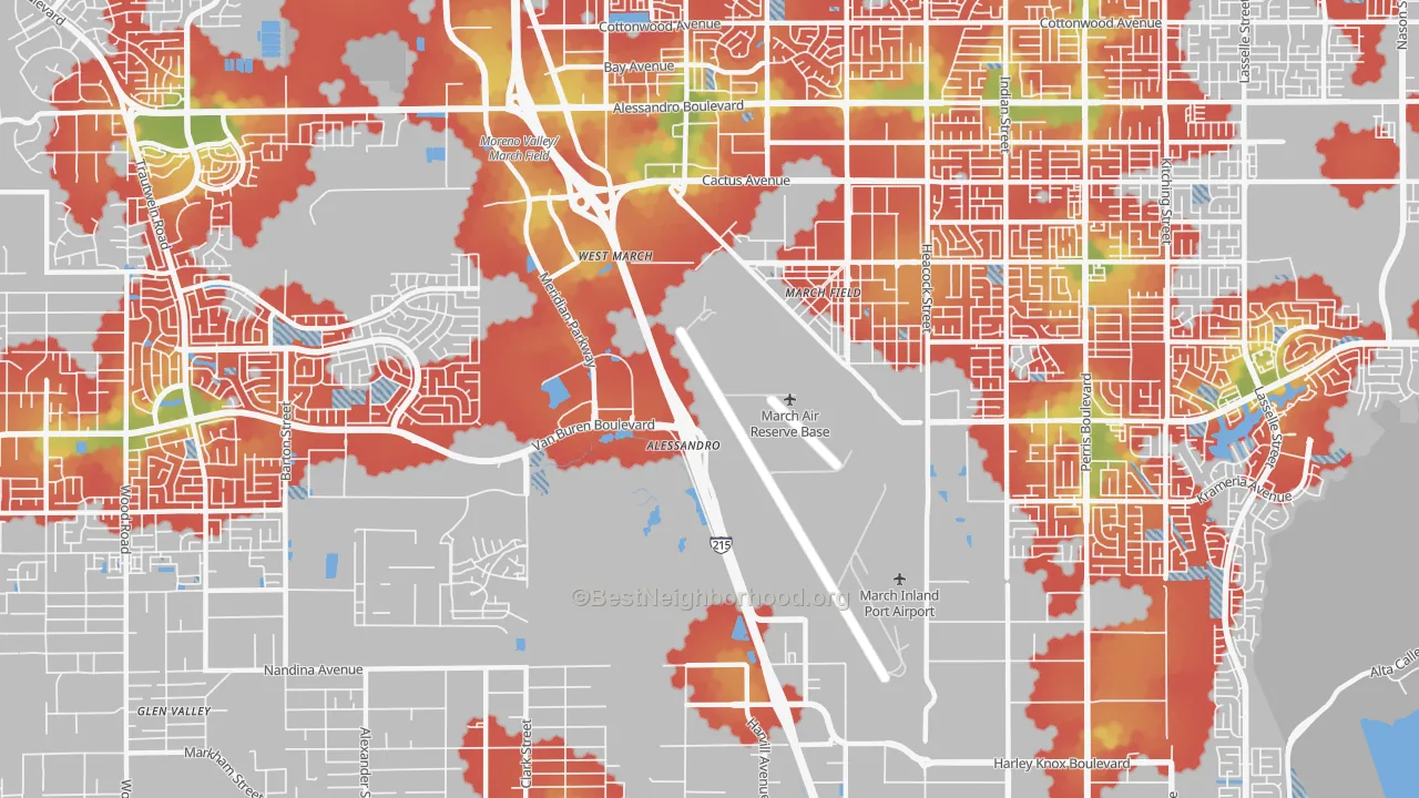 Walk Grade map of 92518, CA, walkable areas in green and car-dependent areas in red