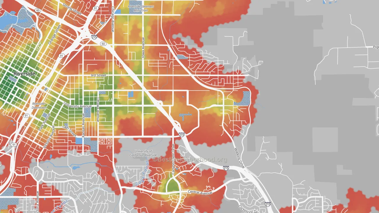 Walk Grade map of 92521, CA, walkable areas in green and car-dependent areas in red