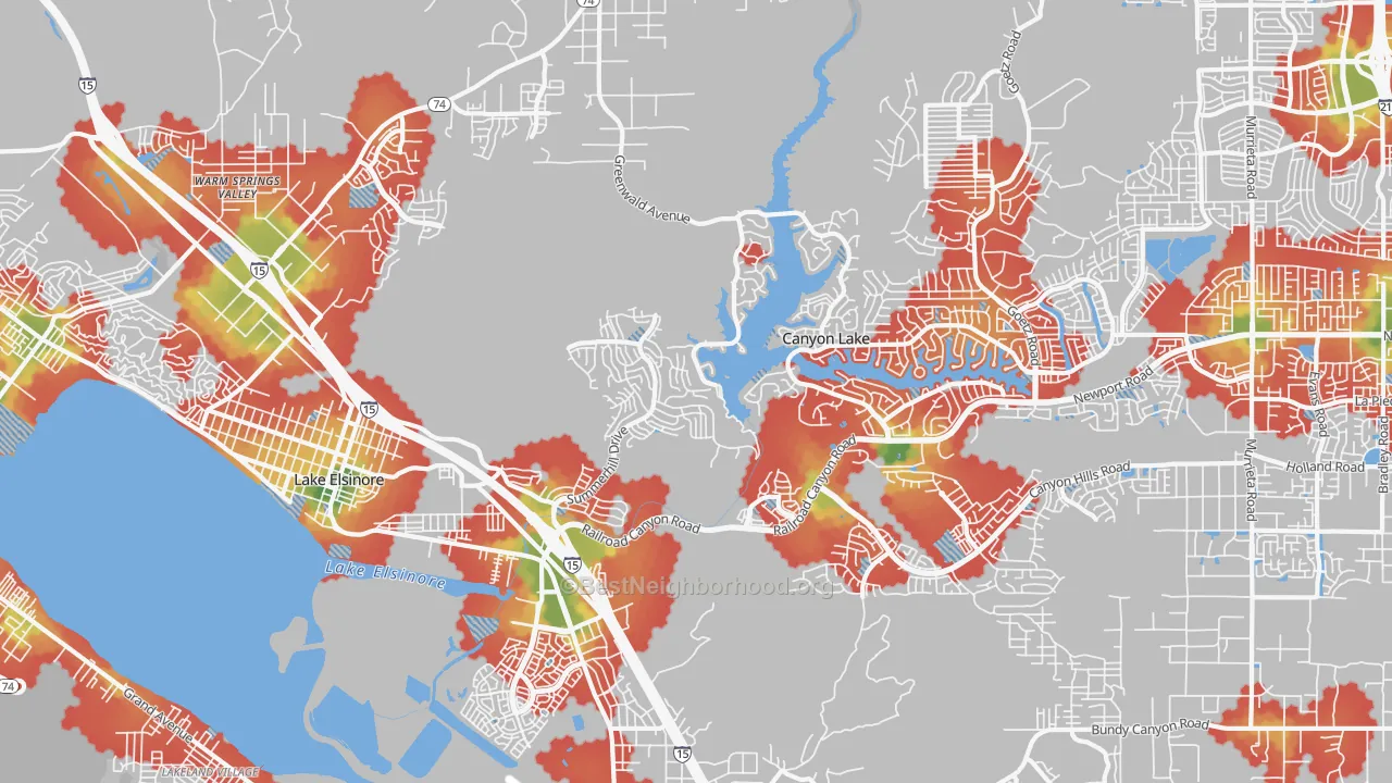 Walk Grade map of 92532, CA, walkable areas in green and car-dependent areas in red