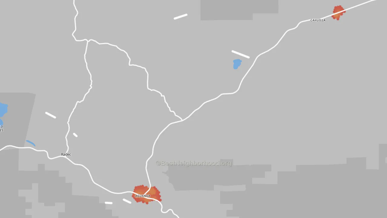 Walk Grade map of 92536, CA, walkable areas in green and car-dependent areas in red