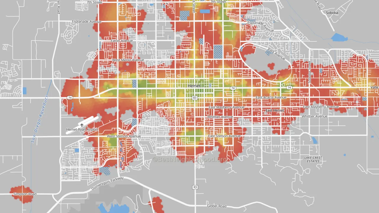 Walk Grade map of 92543, CA, walkable areas in green and car-dependent areas in red