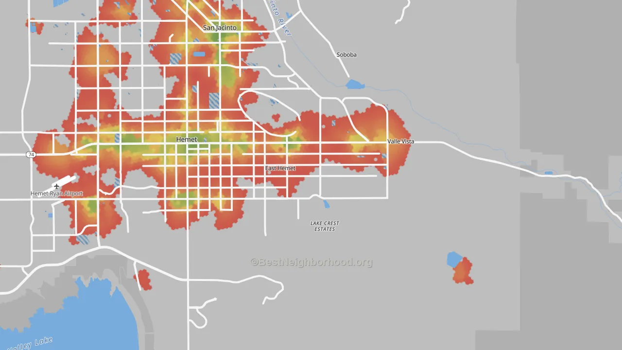 Walk Grade map of 92544, CA, walkable areas in green and car-dependent areas in red