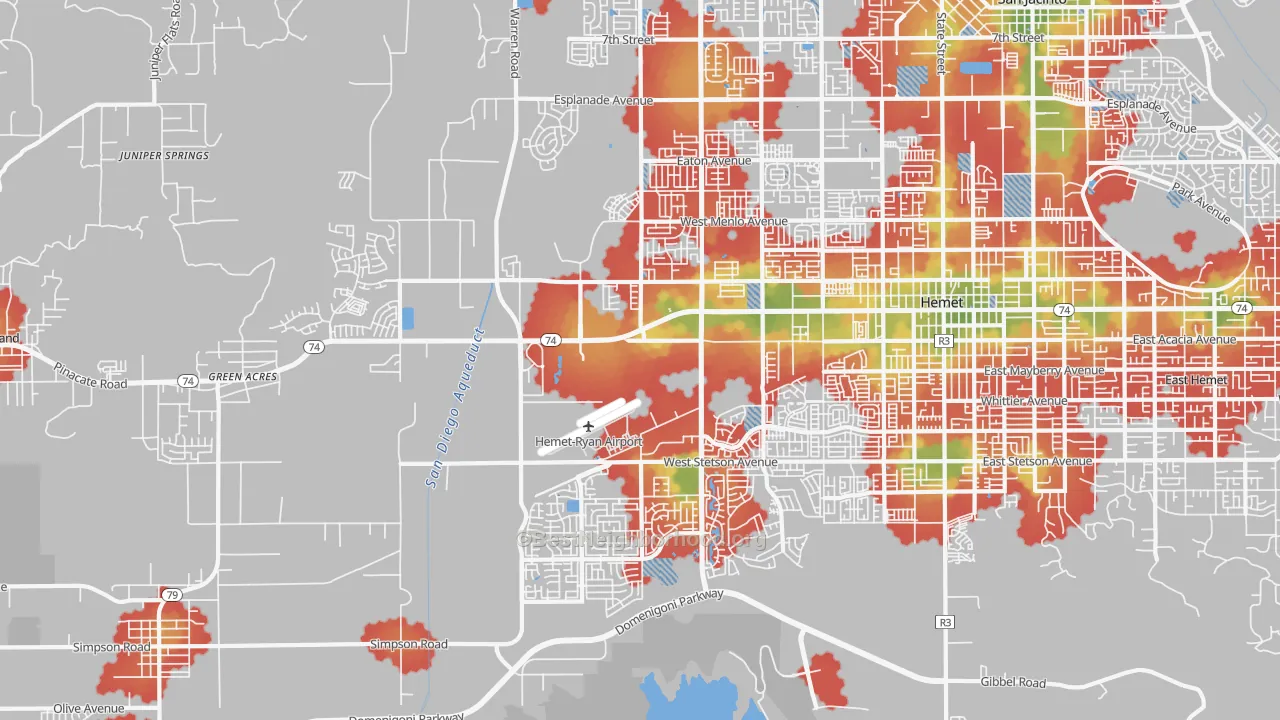 Walk Grade map of 92545, CA, walkable areas in green and car-dependent areas in red
