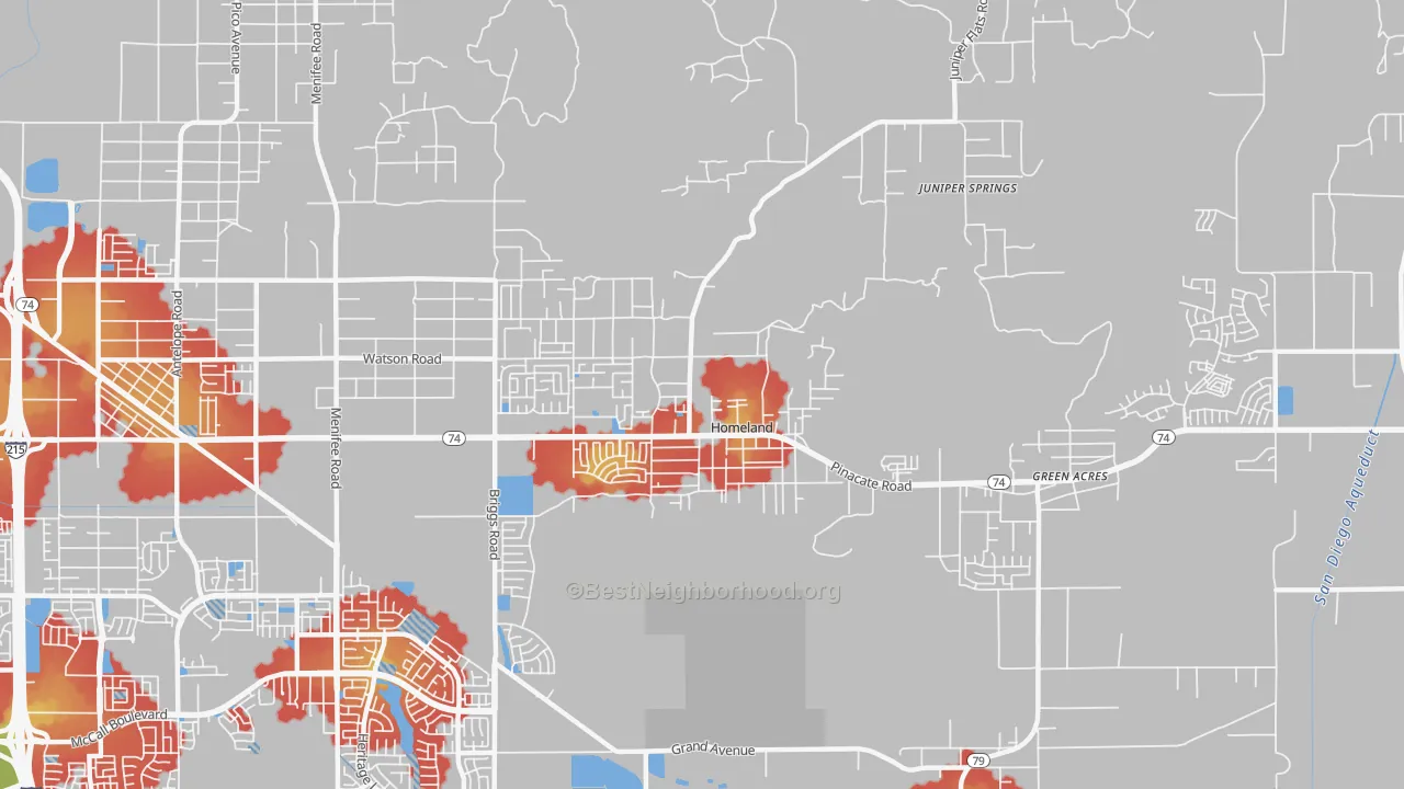 Walk Grade map of 92548, CA, walkable areas in green and car-dependent areas in red