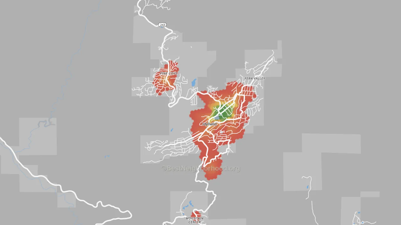 Walk Grade map of 92549, CA, walkable areas in green and car-dependent areas in red