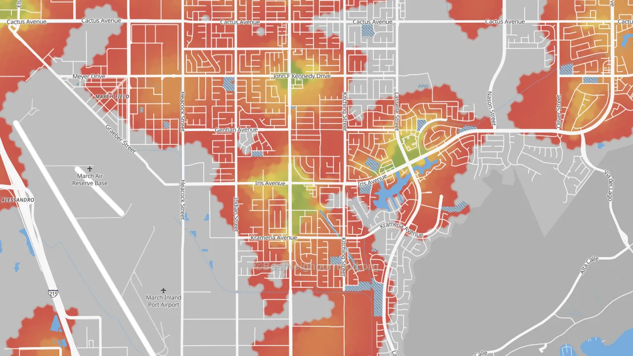 Walk Grade map of 92551, CA, walkable areas in green and car-dependent areas in red