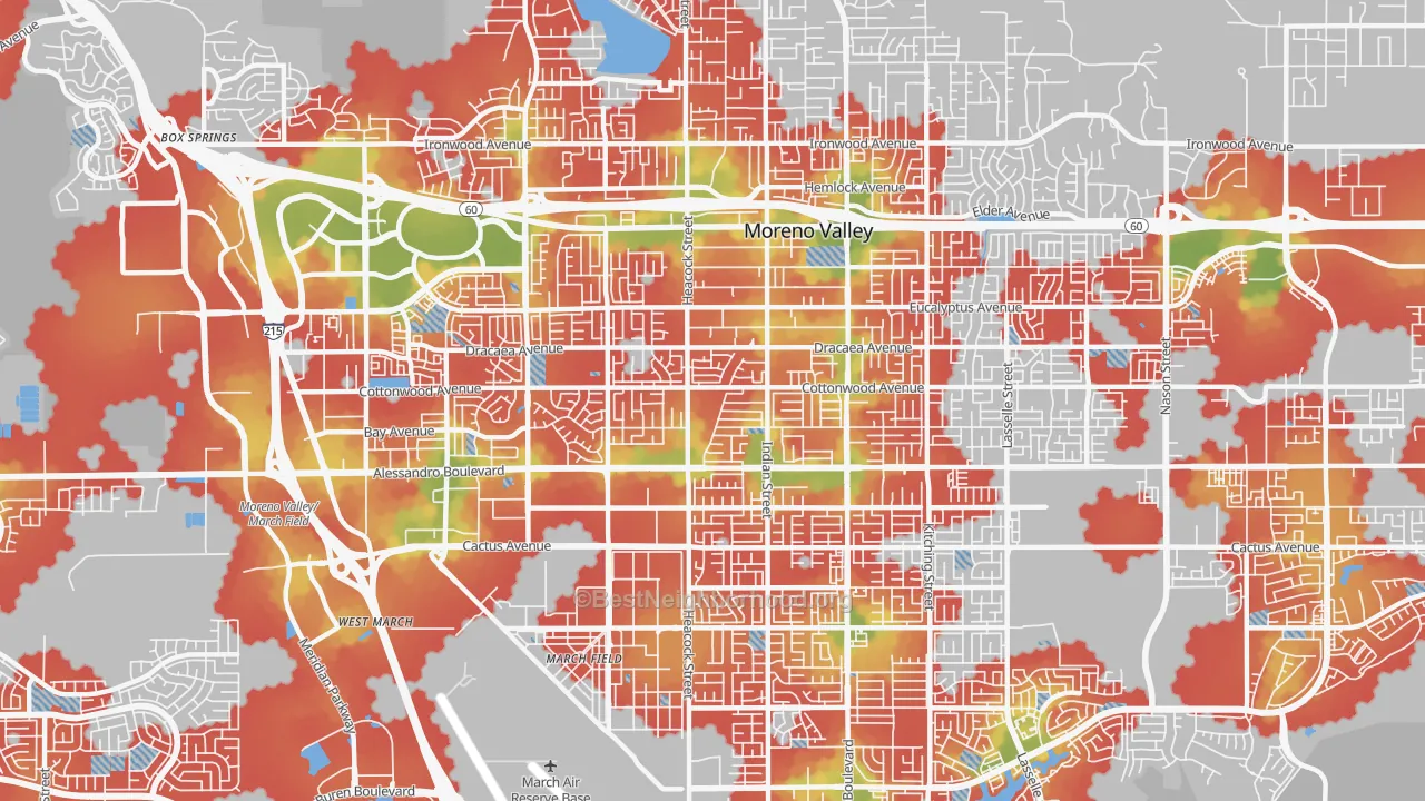 Walk Grade map of 92553, CA, walkable areas in green and car-dependent areas in red