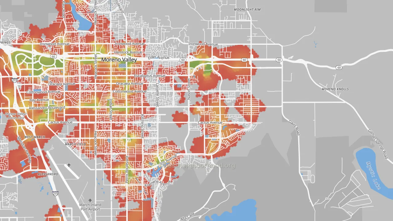 Walk Grade map of 92555, CA, walkable areas in green and car-dependent areas in red