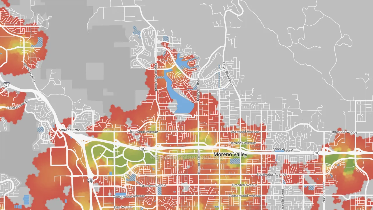 Walk Grade map of 92557, CA, walkable areas in green and car-dependent areas in red