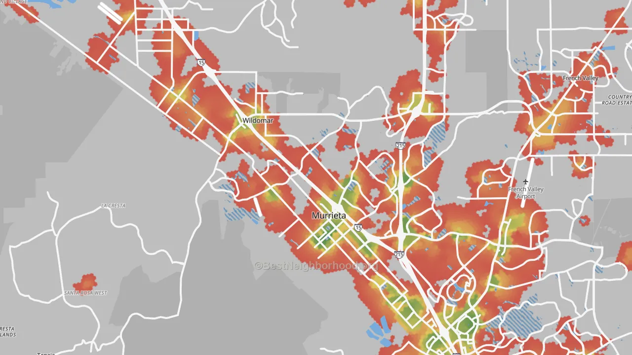 Walk Grade map of 92562, CA, walkable areas in green and car-dependent areas in red