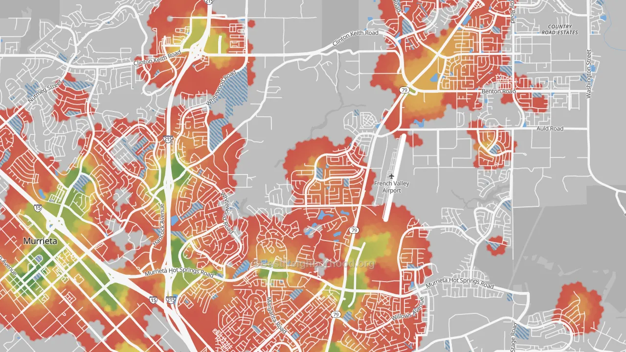 Walk Grade map of 92563, CA, walkable areas in green and car-dependent areas in red
