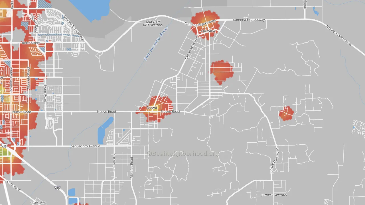 Walk Grade map of 92567, CA, walkable areas in green and car-dependent areas in red