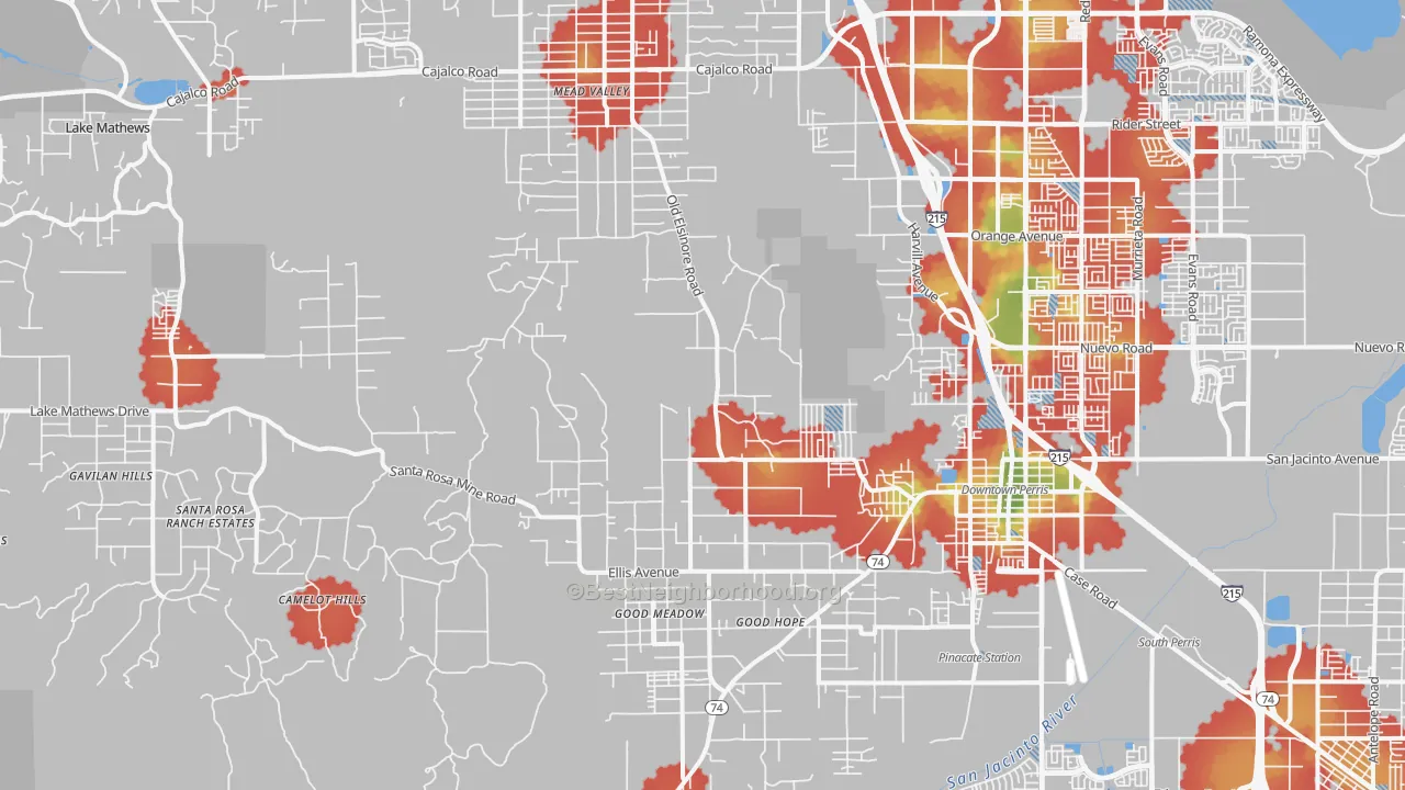 Walk Grade map of 92570, CA, walkable areas in green and car-dependent areas in red