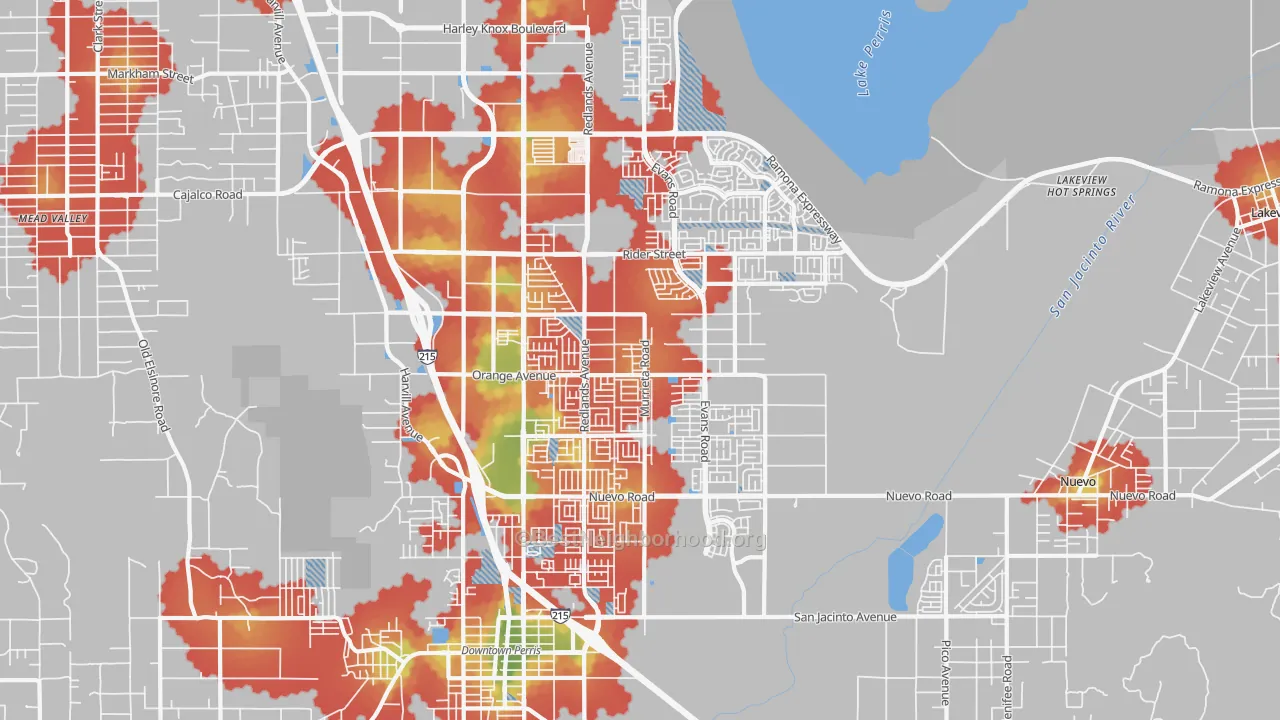 Walk Grade map of 92571, CA, walkable areas in green and car-dependent areas in red
