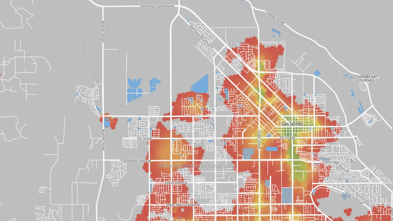 Walk Grade map of 92582, CA, walkable areas in green and car-dependent areas in red