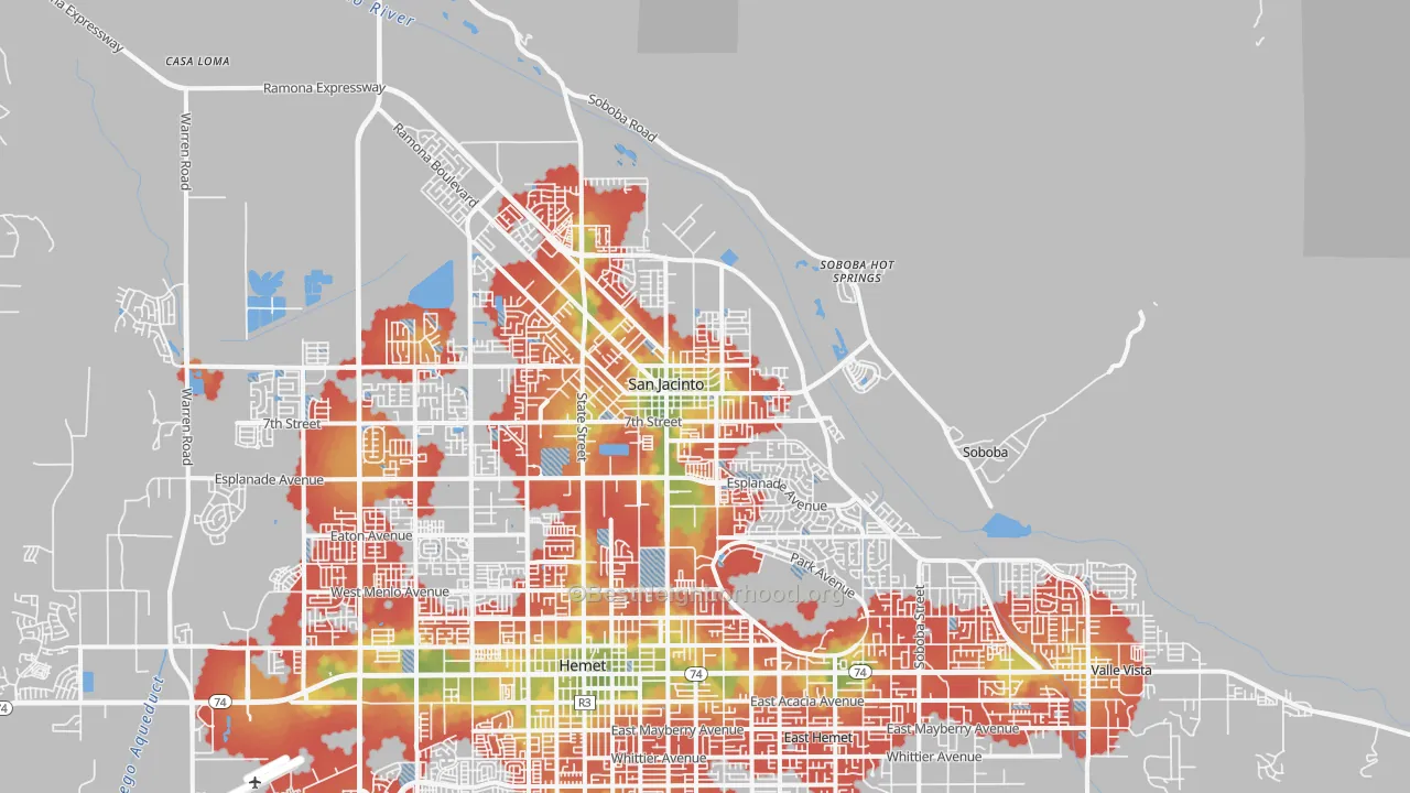 Walk Grade map of 92583, CA, walkable areas in green and car-dependent areas in red