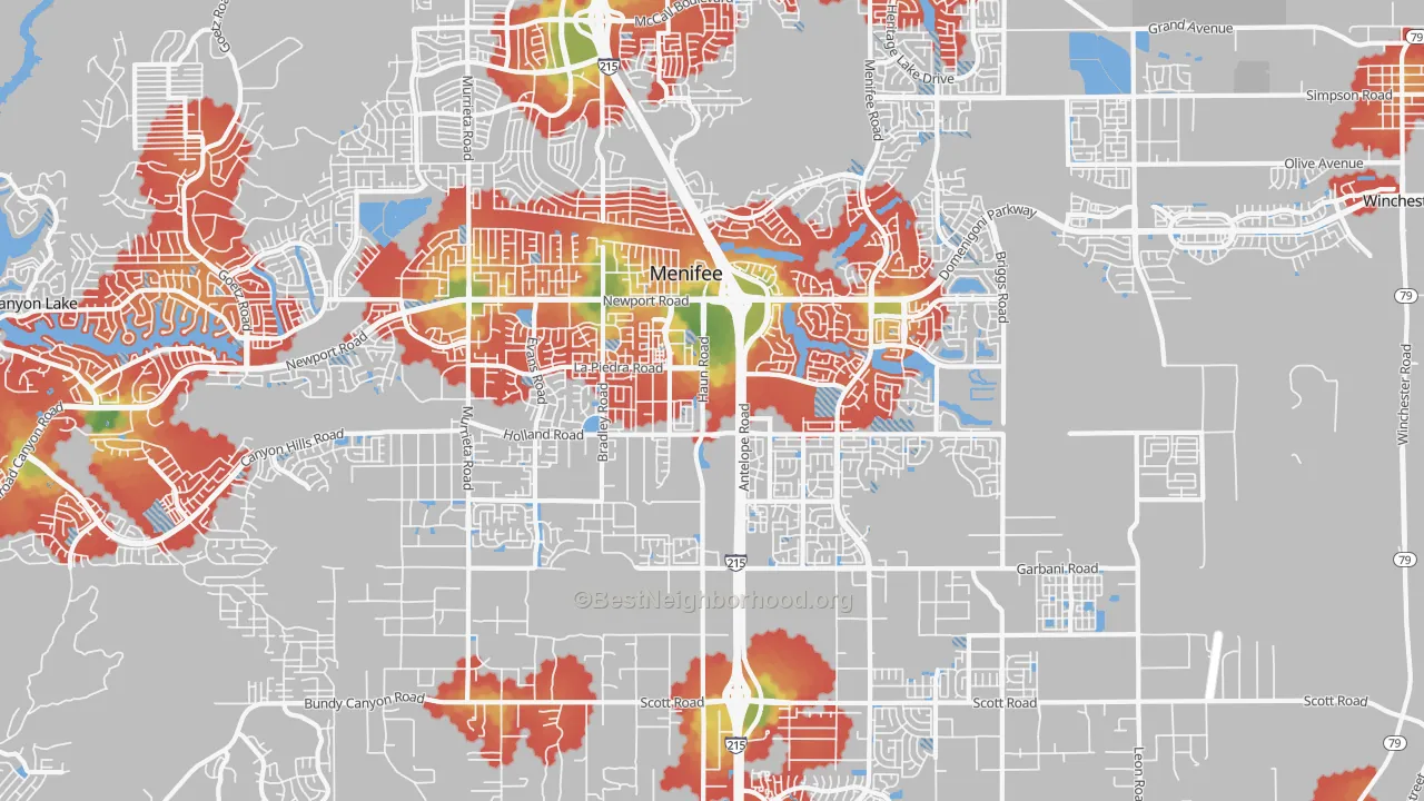 Walk Grade map of 92584, CA, walkable areas in green and car-dependent areas in red