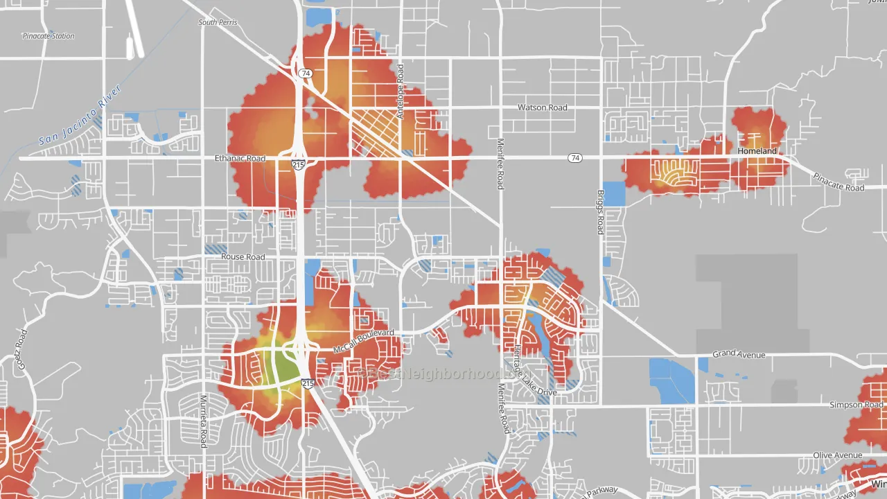 Walk Grade map of 92585, CA, walkable areas in green and car-dependent areas in red