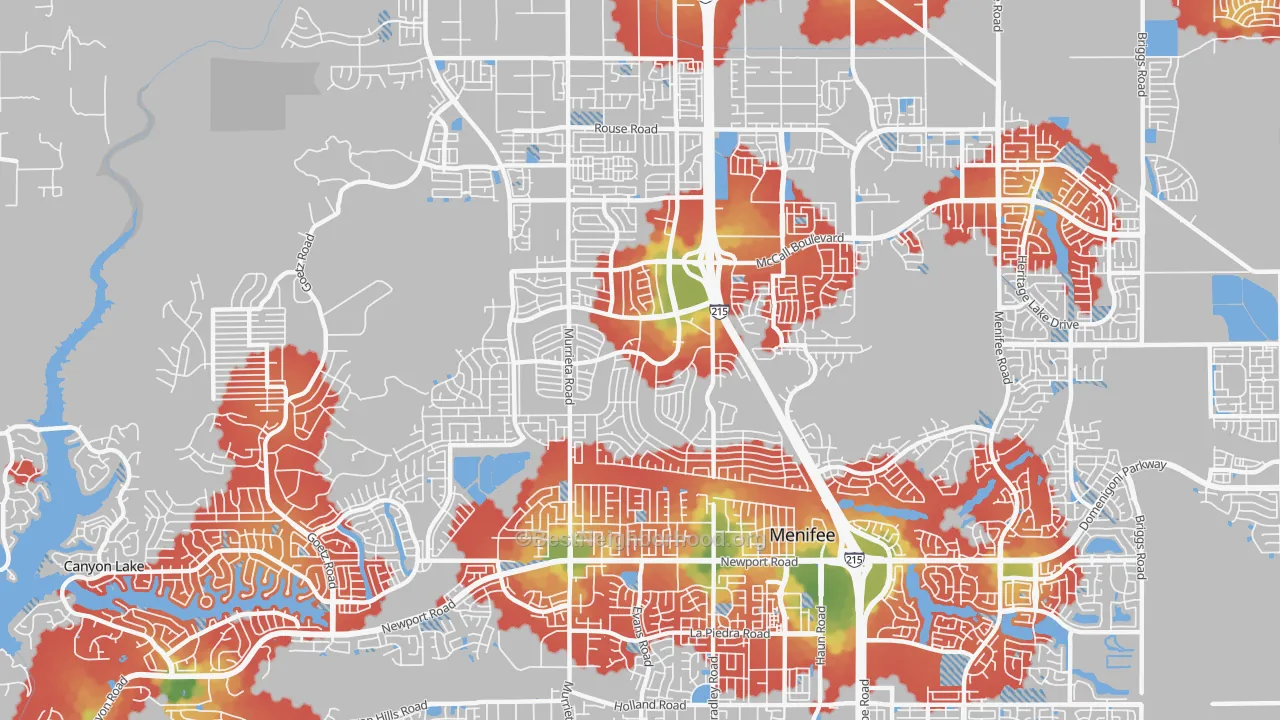 Walk Grade map of 92586, CA, walkable areas in green and car-dependent areas in red
