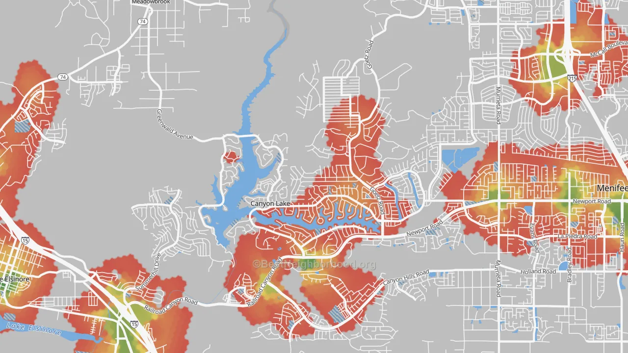 Walk Grade map of 92587, CA, walkable areas in green and car-dependent areas in red