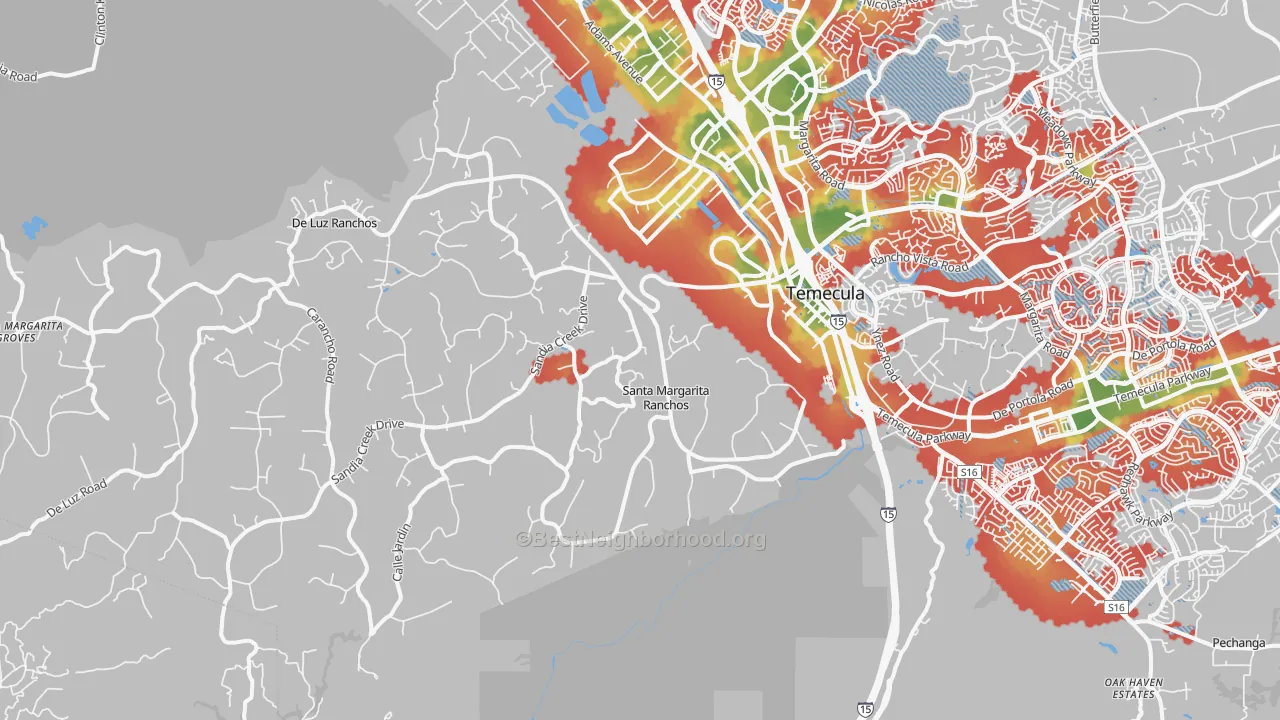 Walk Grade map of 92590, CA, walkable areas in green and car-dependent areas in red