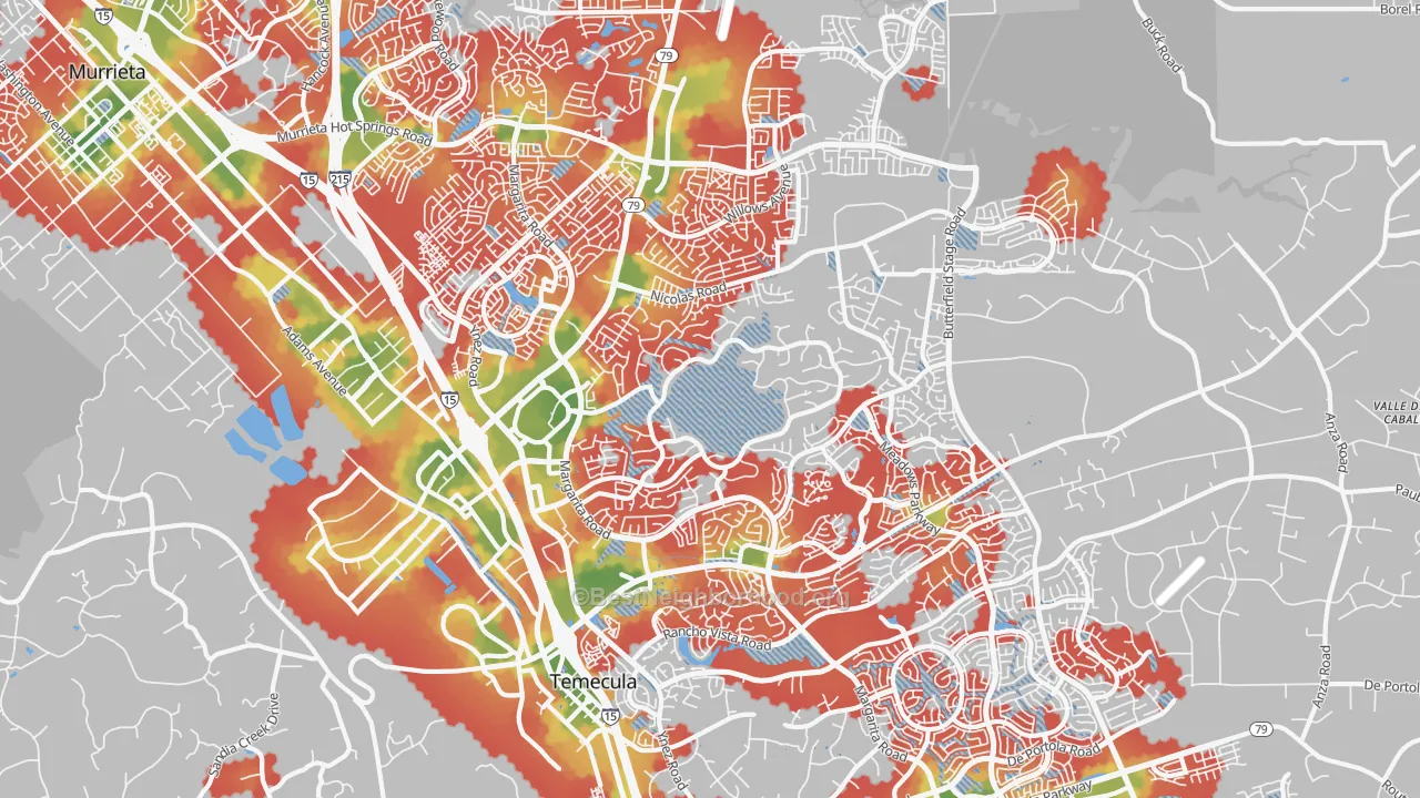 Walk Grade map of 92591, CA, walkable areas in green and car-dependent areas in red