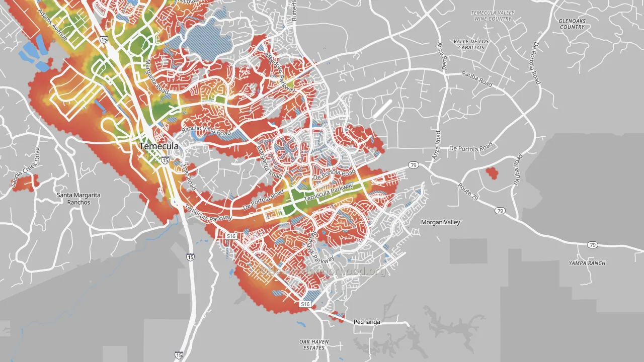 Walk Grade map of 92592, CA, walkable areas in green and car-dependent areas in red