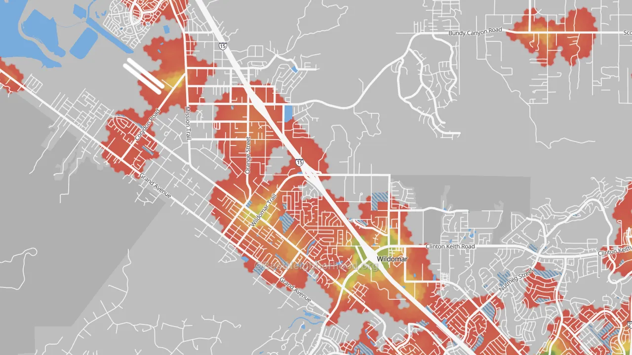 Walk Grade map of 92595, CA, walkable areas in green and car-dependent areas in red
