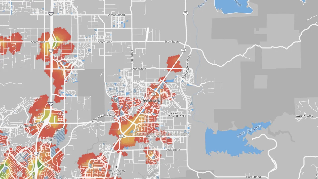 Walk Grade map of 92596, CA, walkable areas in green and car-dependent areas in red