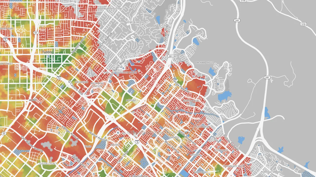 Walk Grade map of 92602, CA, walkable areas in green and car-dependent areas in red